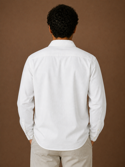 Men's Popover Shirt Cotton Linen Blend Half Button Chest Pocket Relaxed - White - Back View [AI-OPT:c17f8a9c-08f6-4993-85fa-0c106d77f79c]