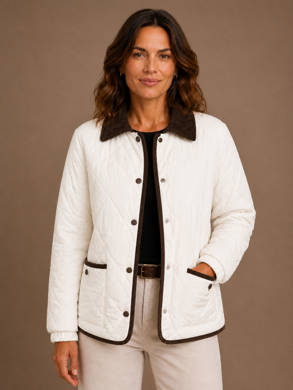 Women's Quilted Puffer Jacket with Corduroy Collar - Lightweight Padded Coat - White