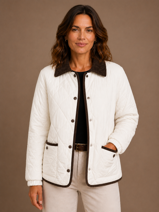 Women's Quilted Puffer Jacket with Corduroy Collar - Lightweight Padded Coat - White