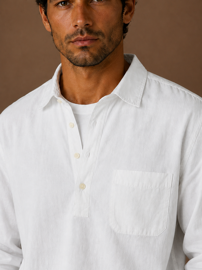 Men's Popover Shirt Cotton Linen Blend Half Button Chest Pocket Relaxed - White - Detail Close-Up [AI-OPT:40fb3d9f-067a-4db4-88bb-b0405c5824e2]