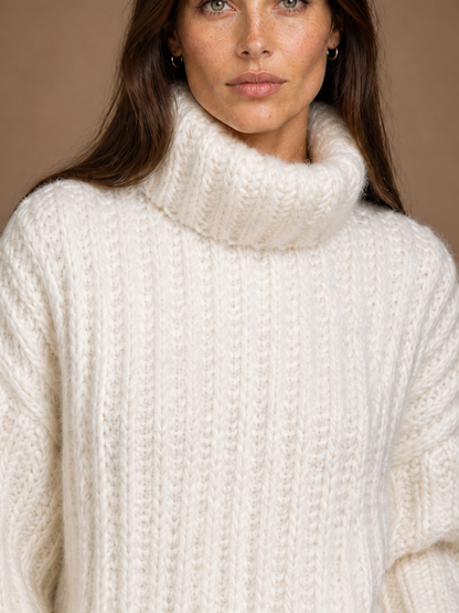 Women's Oversized Roll-Neck Chunky Knit Jumper – Cosy Fuzzy Warm Sweater - White - Detail Close-Up [AI-OPT:afa85d6f-f584-4380-a12e-8569602ae9ab]