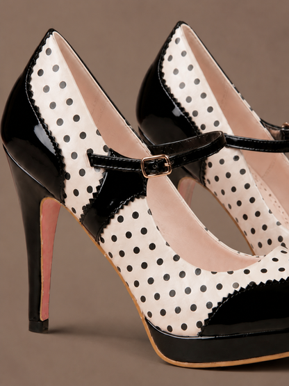 Women's White Polka Dot Mary Jane Heels with Buckle Strap and Platform - White - Detail Close-Up [AI-OPT:82e80ead-7f6a-44c2-aa56-965efffe80a0]