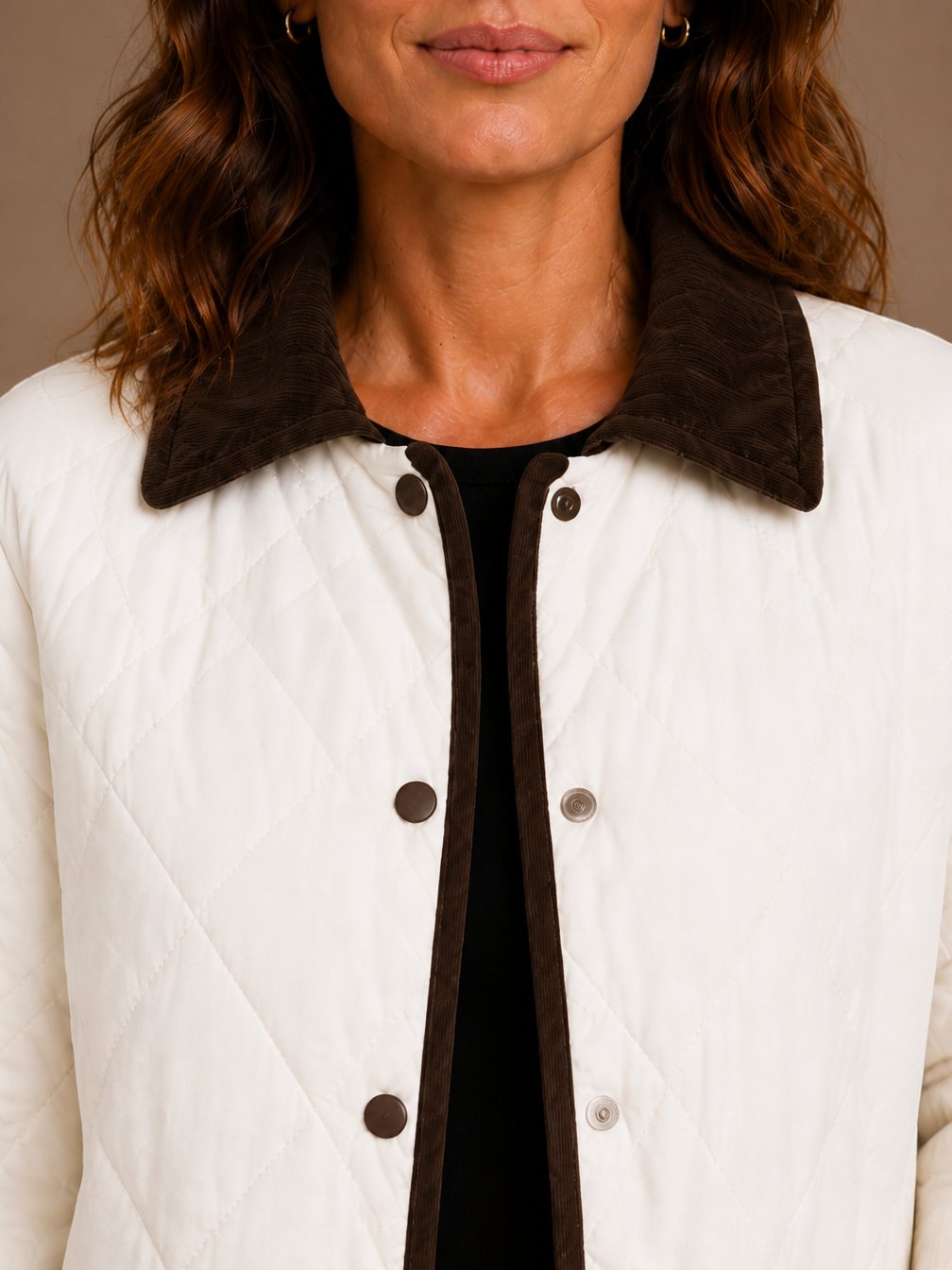 Women's Quilted Puffer Jacket with Corduroy Collar - Lightweight Padded Coat - White - Detail Close-Up [AI-OPT:ae1bff33-8559-4887-9138-2de009d0292e]