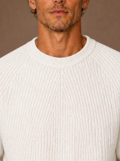 Men's Cotton Ribbed Jumper with Crew Neck and Relaxed Fit - White - Detail Close-Up [AI-OPT:8dba3cb5-76cb-40f5-b454-bed3fb3963a5]