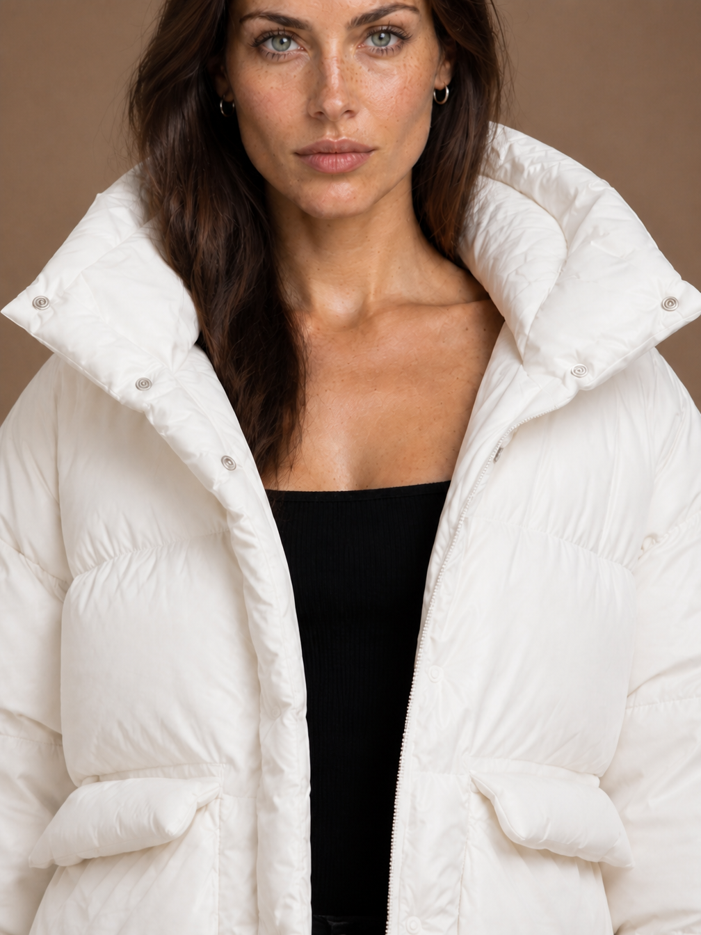 Women's Oversized Quilted Hooded Puffer Jacket with Storm Flap and Zip Pockets - White - Detail Close-Up [AI-OPT:0174333c-0fcb-43d7-9f02-6881d6642e41]
