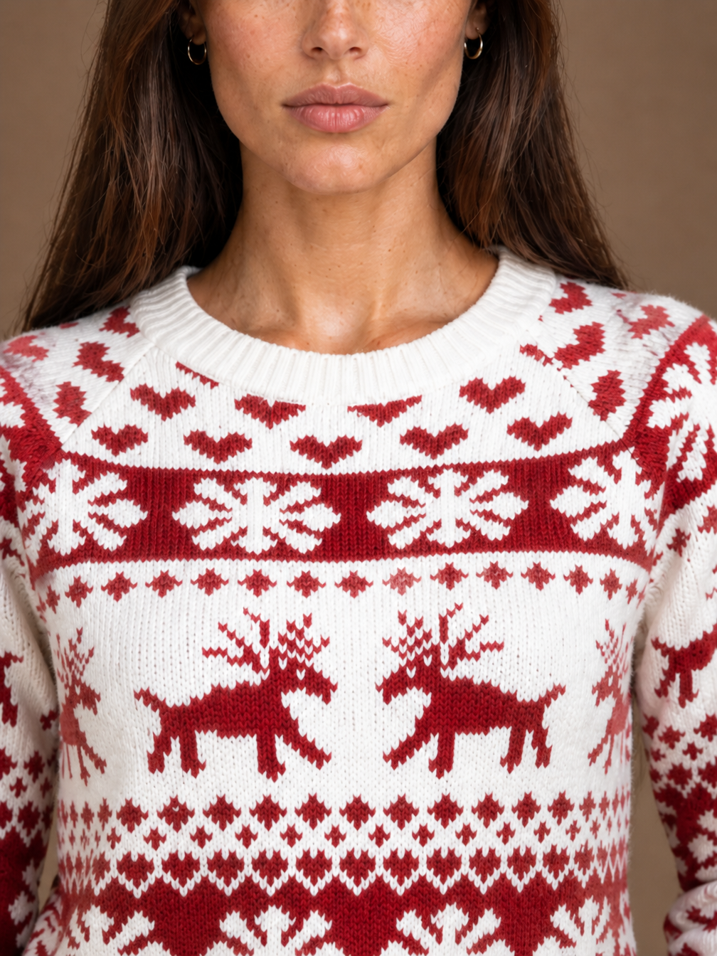 Women's Christmas Jumper Fair Isle Knit Crew Neck Red and White - White - Detail Close-Up [AI-OPT:78a2c63c-465a-4c5a-a0c7-52061eed3aa7]
