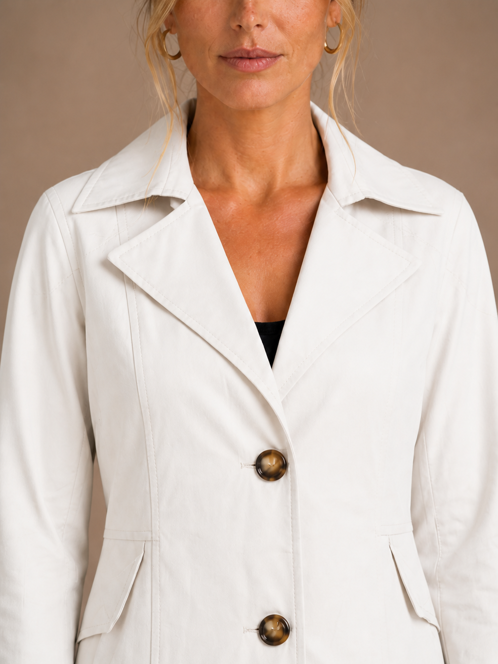 Women's Tailored Trench Coat - Elegant Tied Classic Short Coat with Classic Lapel Collar and Button Fastening - White - Detail Close-Up [AI-OPT:9b4f3b73-f948-4dc1-9c8d-c32932fb632f]