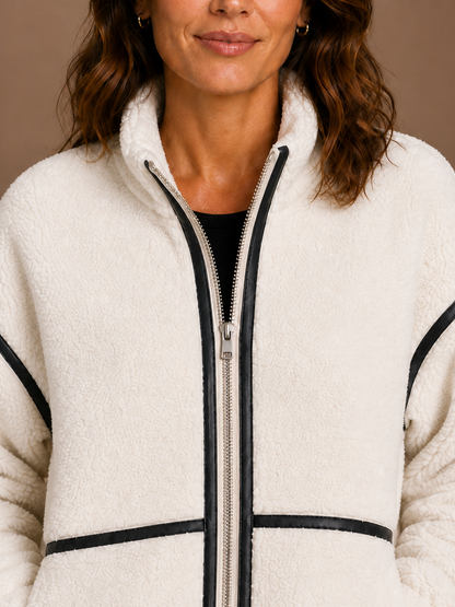 Women's Sherpa Fleece Jacket with Full Zip, Stand Collar and Patch Pockets - White - Detail Close-Up [AI-OPT:cff711d2-5dfc-445e-a750-fc56733a2152]