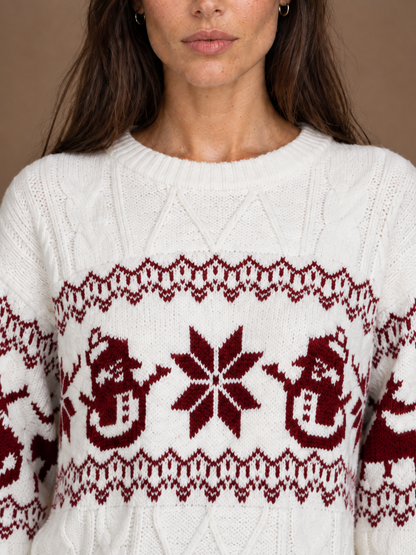 Women's Christmas Snowman Sweater, Cable Knit Fair Isle Crew Neck Pullover - White - Detail Close-Up [AI-OPT:d8ba489c-f8f6-476e-ae0d-caadb45d870f]