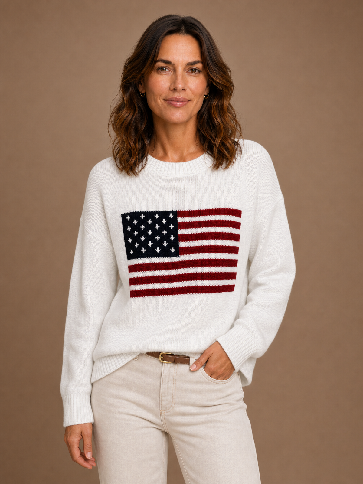 Women's American Flag Sweater - Crew Neck Long Sleeve Pullover - White