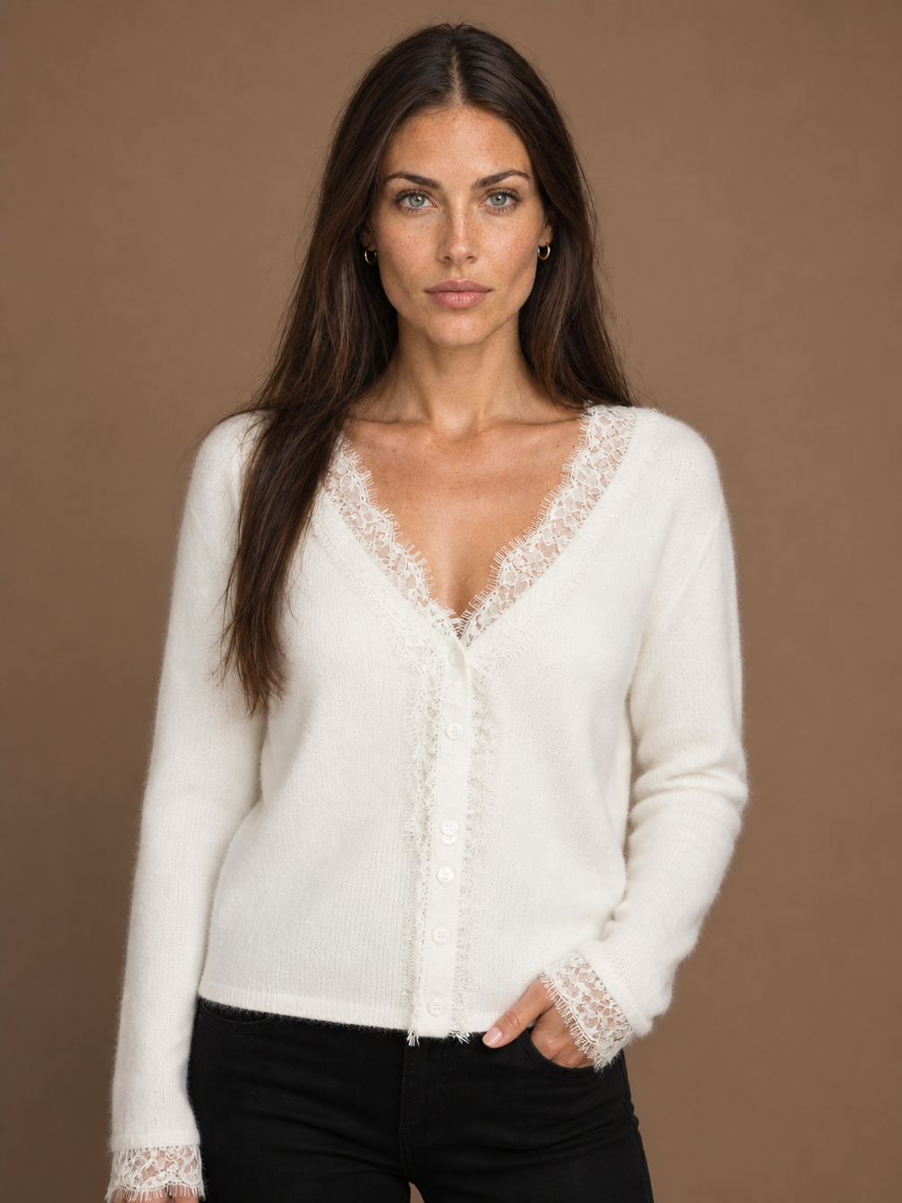 Women's V-Neck Knit Cardigan - Lace Trim Sweater with Button Front - White