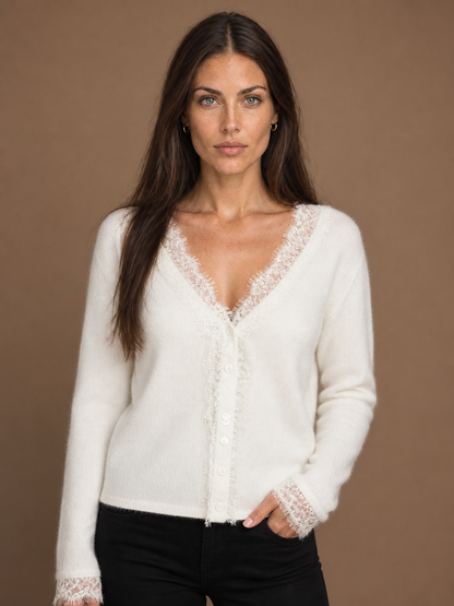 Women's V-Neck Knit Cardigan - Lace Trim Sweater with Button Front - White