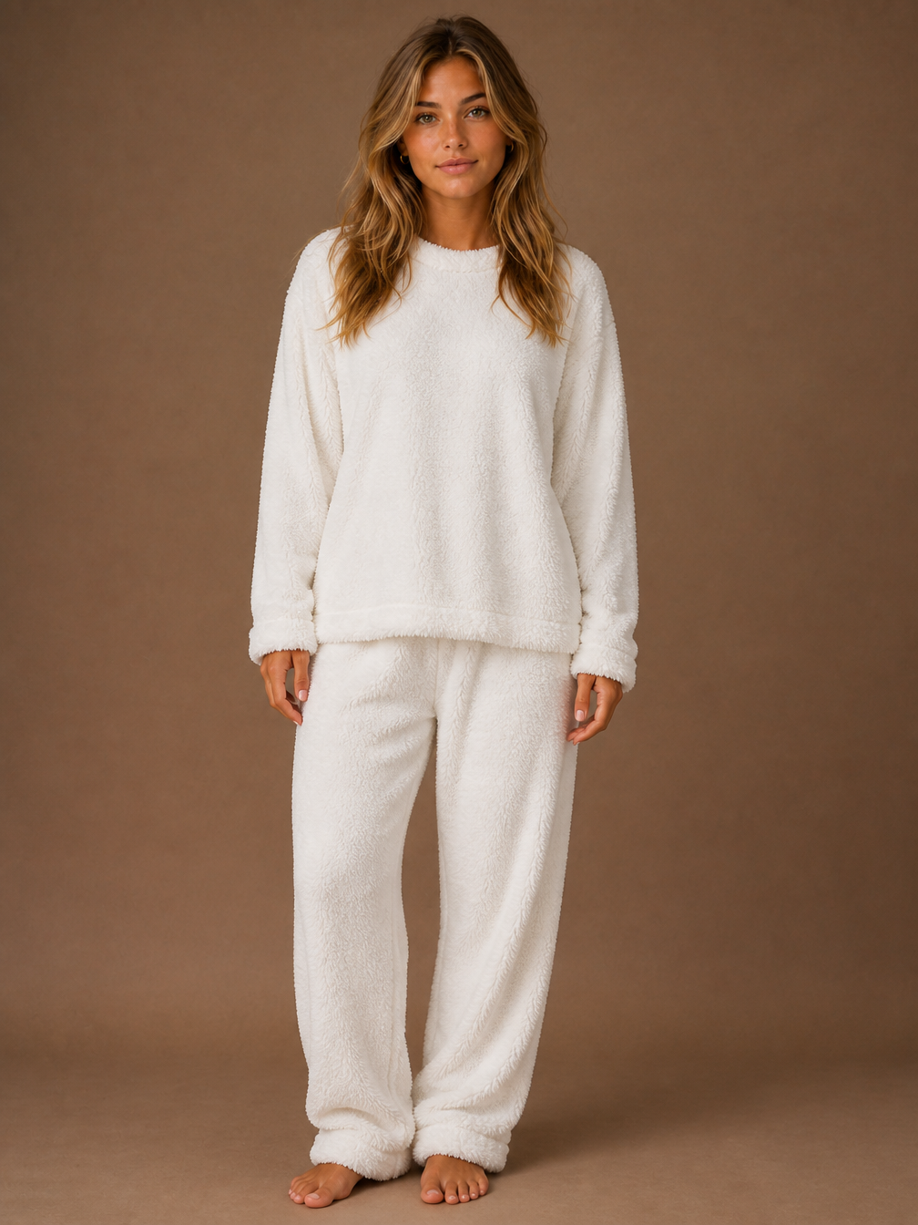 Women's Flannel Pyjama Set with Long Sleeve Top and Matching Trousers - White