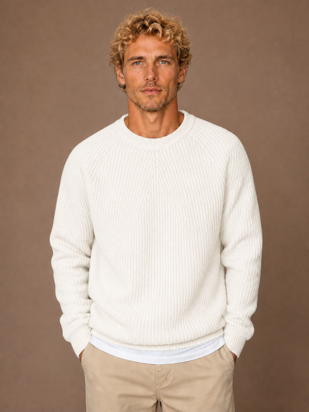 Men's Cotton Ribbed Jumper with Crew Neck and Relaxed Fit - White