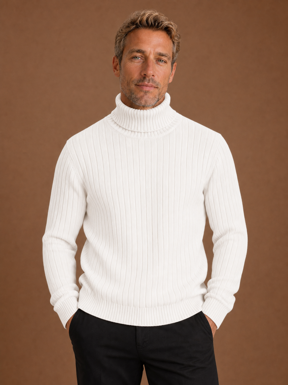 Men's Ribbed Turtleneck Sweater Slim Fit Stretch Knit Pullover - White