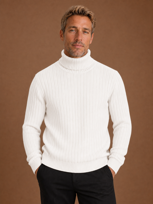 Men's Ribbed Turtleneck Sweater Slim Fit Stretch Knit Pullover - White