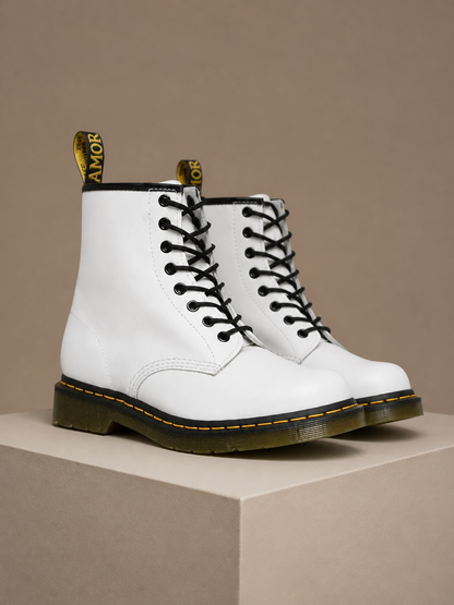 Women's Leather Combat Boots 8-Eye Lace-Up Chunky Sole Boots - White