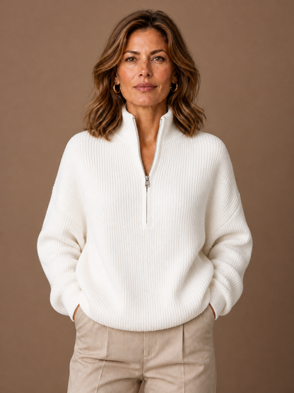 Women's Quarter-Zip Sweater Pullover with Zip Neck - White