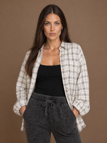 Women’s Plaid Flannel Shirt Oversized Fit Button Front Lantern Sleeves - White