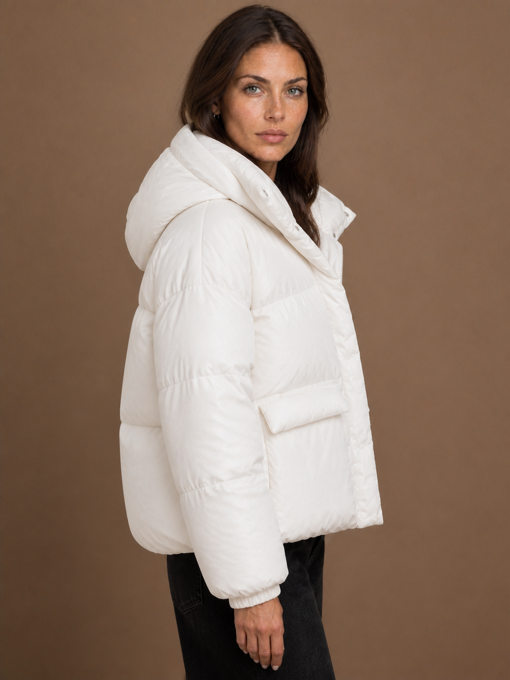 Women's Oversized Quilted Hooded Puffer Jacket with Storm Flap and Zip Pockets - White - Side View [AI-OPT:9e37895f-b05c-47ba-908e-3c725dc79fcb]