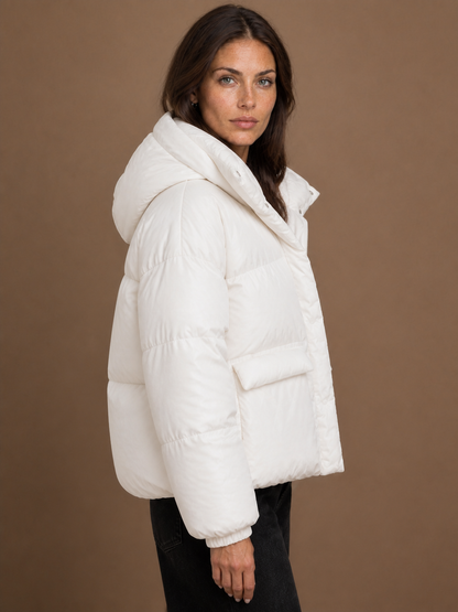 Women's Oversized Quilted Hooded Puffer Jacket with Storm Flap and Zip Pockets - White - Side View [AI-OPT:9e37895f-b05c-47ba-908e-3c725dc79fcb]