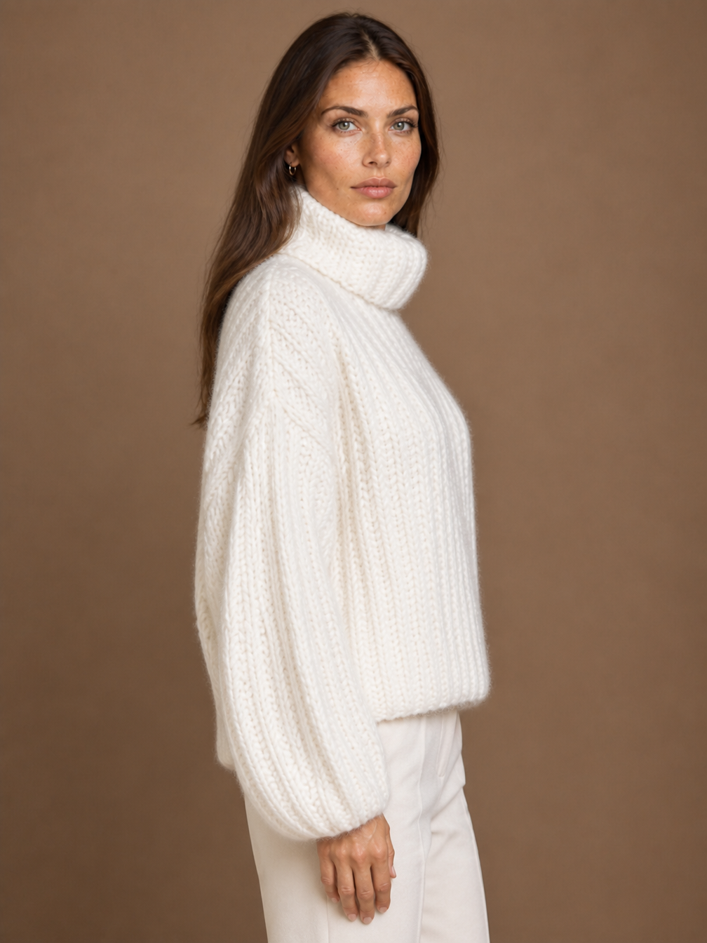 Women's Oversized Roll-Neck Chunky Knit Jumper – Cosy Fuzzy Warm Sweater - White - Side View [AI-OPT:4654c20a-c5a2-4b81-b139-dc848b166d6c]