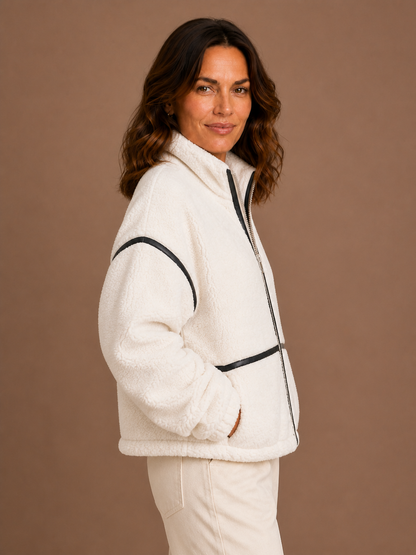 Women's Sherpa Fleece Jacket with Full Zip, Stand Collar and Patch Pockets - White - Side View [AI-OPT:2191d338-130b-4b13-9615-221c744f775f]
