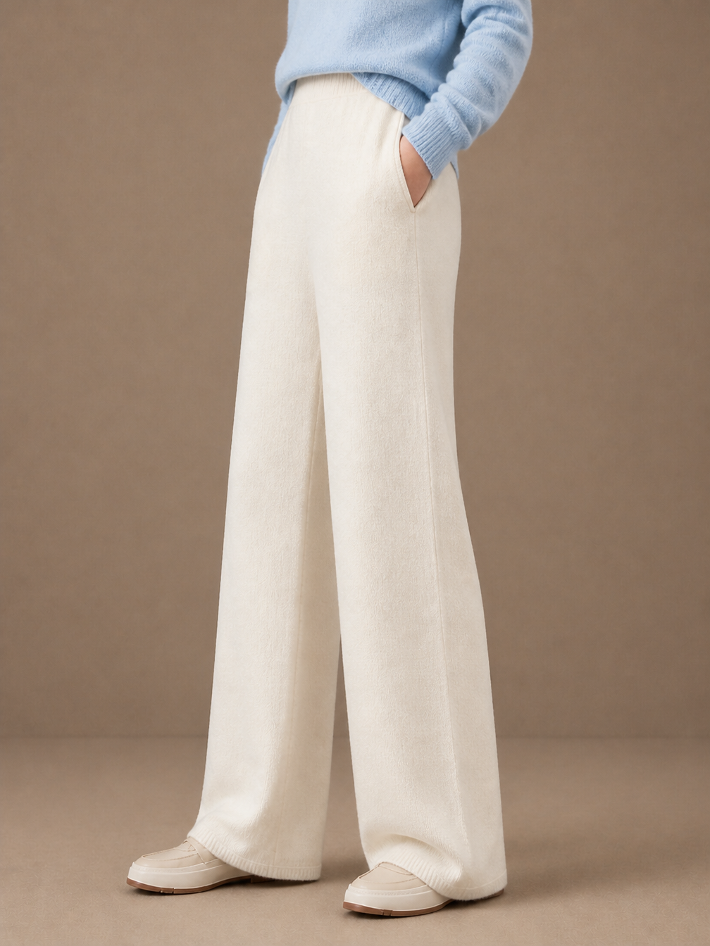 Women's Wool Wide-Leg Trousers - High Elasticated Waist Pants - White - Side View [AI-OPT:015ae238-8d41-482e-b895-368dc2374eb4]