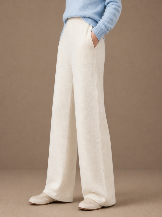 Women's Wool Wide-Leg Trousers - High Elasticated Waist Pants - White - Side View [AI-OPT:015ae238-8d41-482e-b895-368dc2374eb4]