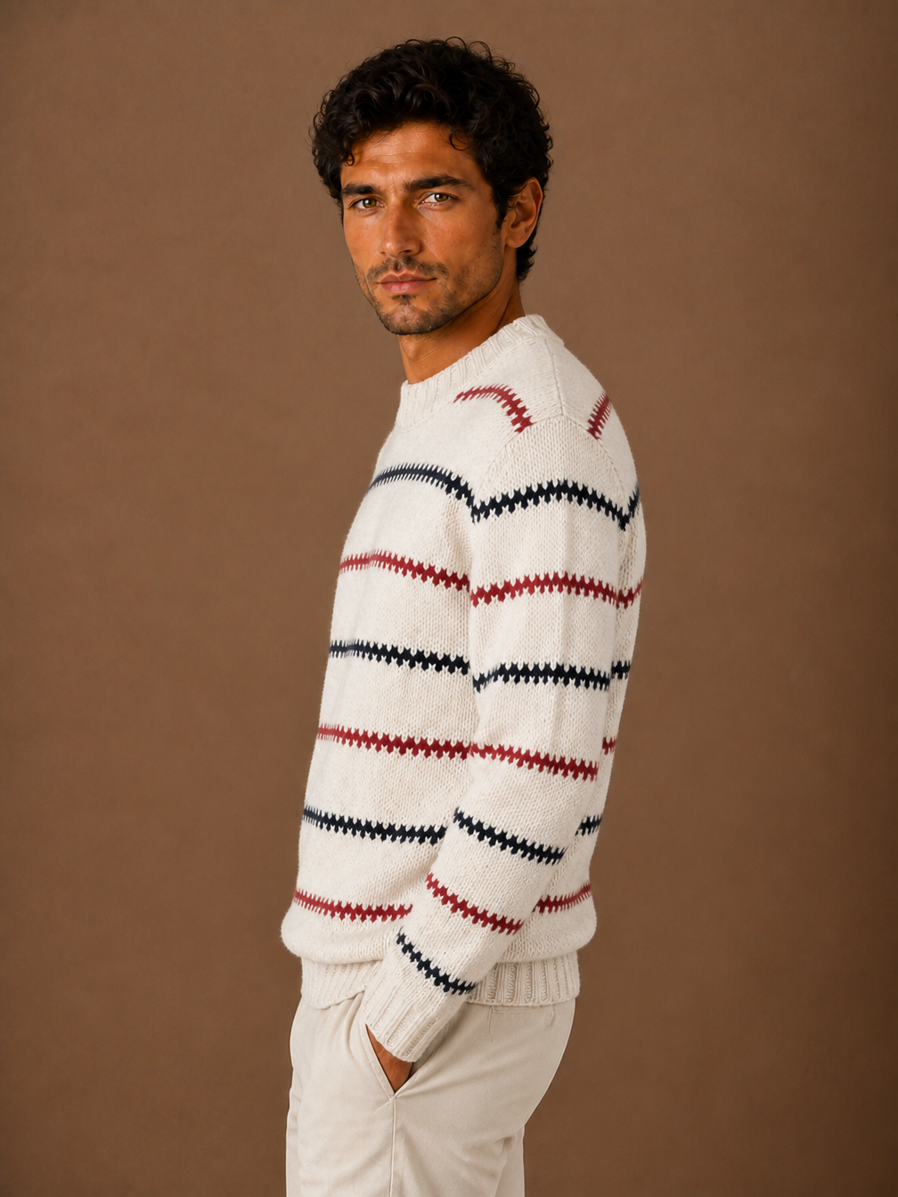 Men's Striped Knit Sweater - White Knitted Cotton Crew Neck Jumper - White - Side View [AI-OPT:fa097a46-c188-4840-9c2f-ccae56a06741]