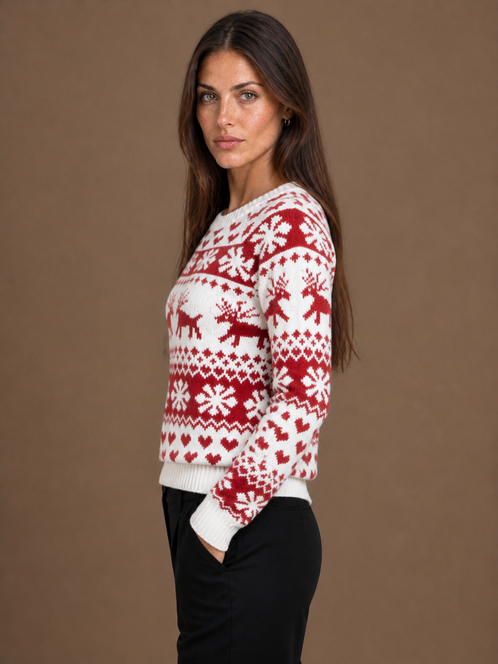 Women's Christmas Jumper Fair Isle Knit Crew Neck Red and White - White - Side View [AI-OPT:7635607f-2e06-4dc5-87fd-6af485477af4]