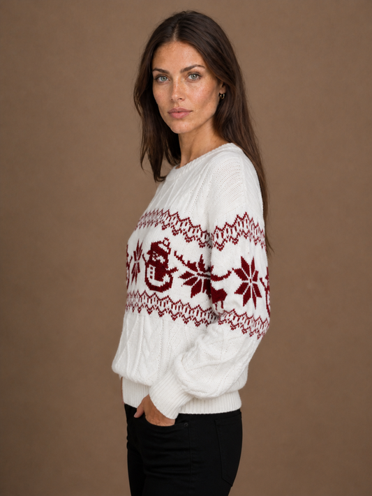 Women's Christmas Snowman Sweater, Cable Knit Fair Isle Crew Neck Pullover - White - Side View [AI-OPT:c763b6c8-0a23-481e-a24c-0f6074ee8077]