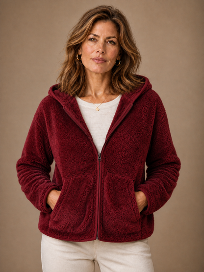 Women's Plush Fleece Hoodie Jacket with Zip Closure and Deep Side Pockets - Wine Red