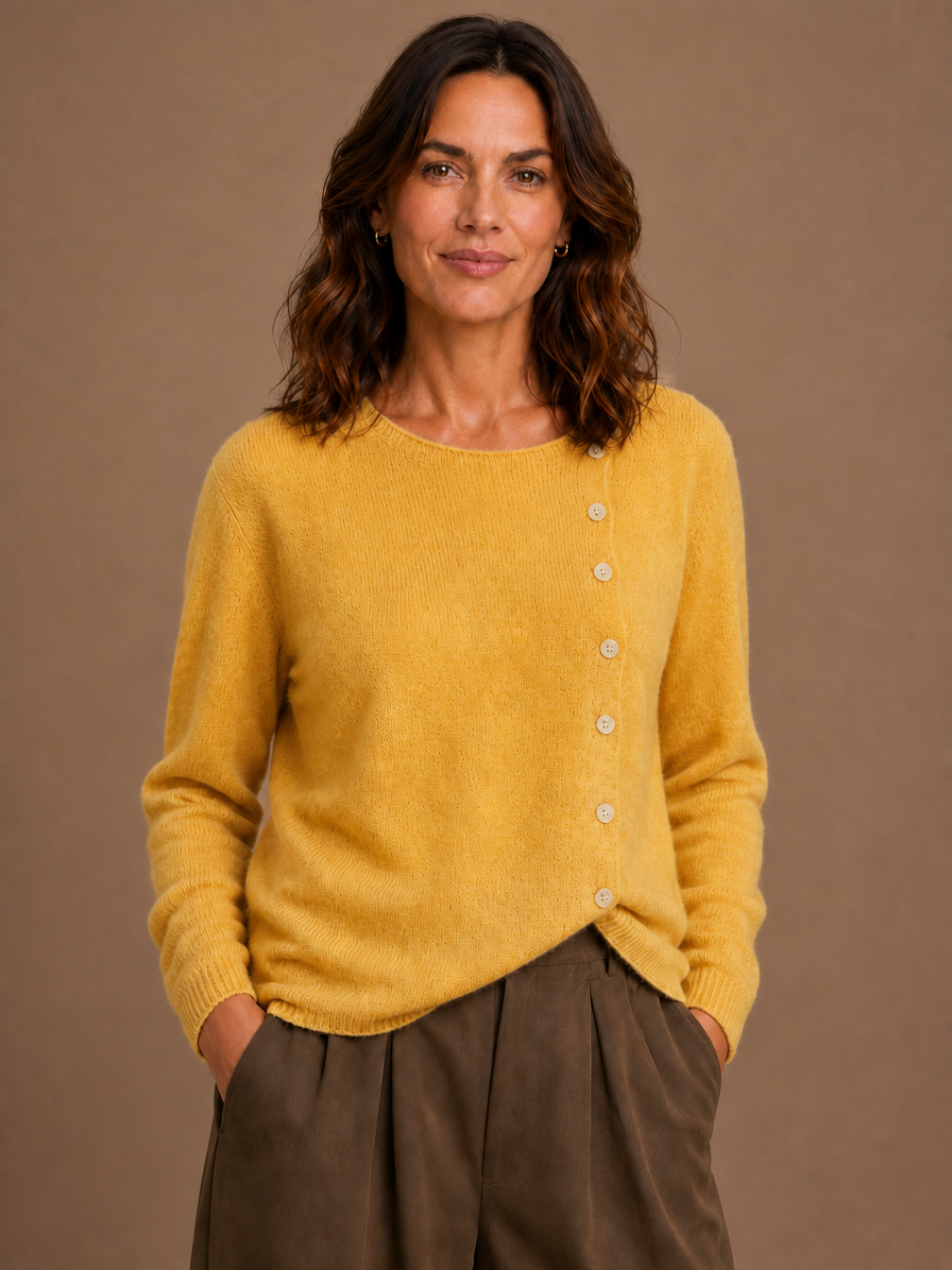 Women's Asymmetric Button Cashmere Sweater - Long Sleeve Lightweight Breathable Knit Cardigan - Yellow