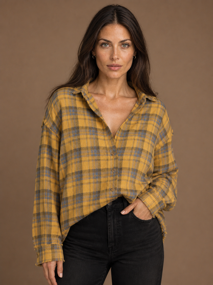 Women’s Plaid Flannel Shirt Oversized Fit Button Front Lantern Sleeves - Yellow