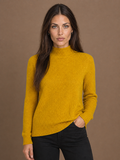 Women's Textured Mock Neck Wool Blend Jumper with Slim Fit and Ribbed Pattern - Yellow
