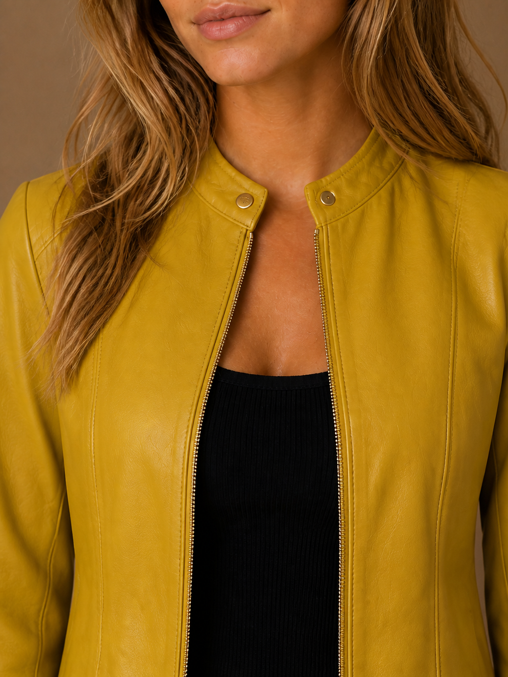 Women's Cropped Faux Leather Jacket with Zip Front and Fitted Waist - Yellow - Detail Close-Up [AI-OPT:ebd0b950-d1c8-4320-8c13-432d0162c249]