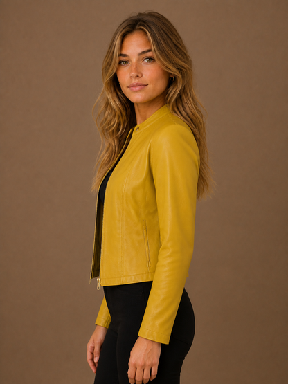 Women's Cropped Faux Leather Jacket with Zip Front and Fitted Waist - Yellow - Side View [AI-OPT:f8e58eed-19b7-4cf2-b64a-19f60576cdf7]