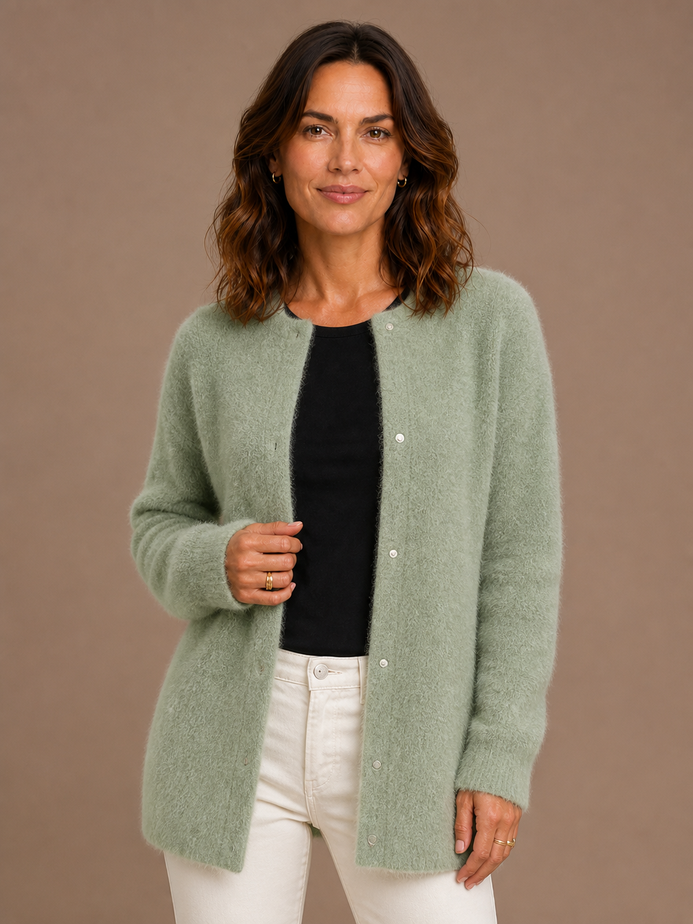 Women's Longline Open Front Cardigan in Brushed Knit with Dropped Shoulders - Zielony