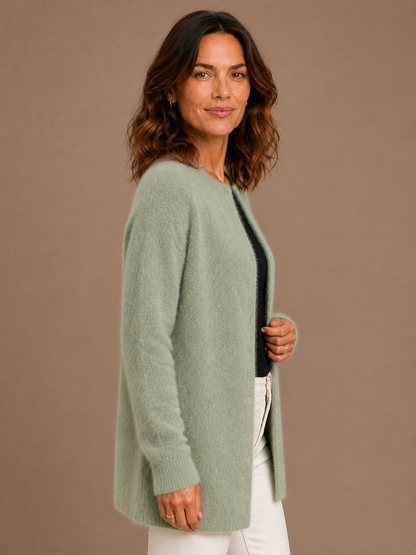Women's Longline Open Front Cardigan in Brushed Knit with Dropped Shoulders - Zielony - Side View [AI-OPT:17d49979-856b-44cd-b027-eacae4631acd]